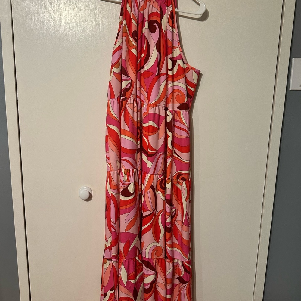 Vibrant Pink and Red Swirl Halter Tie Maxi Dress